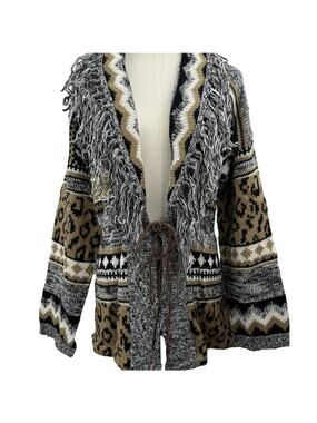 Vintage 80s Together Cardigan Sweater Medium Leopard Print Fringe Chunky Knit